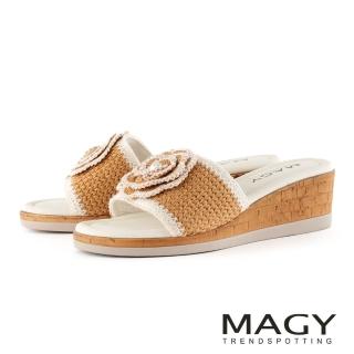 【MAGY】毛線針織珍珠山茶花楔型厚底拖鞋(棕色)