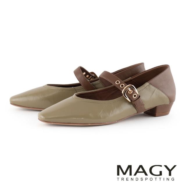 【MAGY】小方頭羊皮雙色拼接繫帶瑪莉珍低跟鞋(綠色)