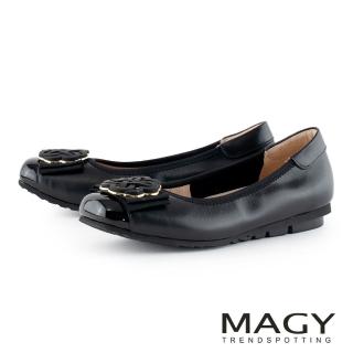 【MAGY】方頭柔軟真皮織帶蝴蝶結飾釦平底鞋(黑色)