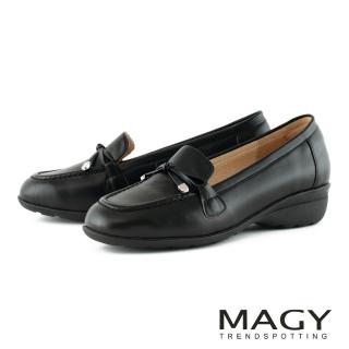 【MAGY】素面真皮細帶蝴蝶結樂福低跟鞋(黑色)