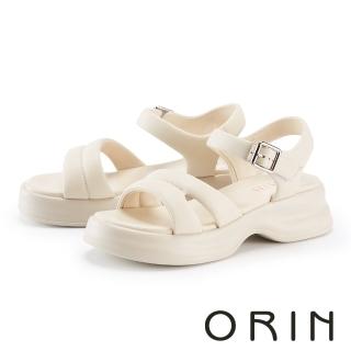 【ORIN】舒適膨感羊皮厚底踝帶涼鞋(米白)
