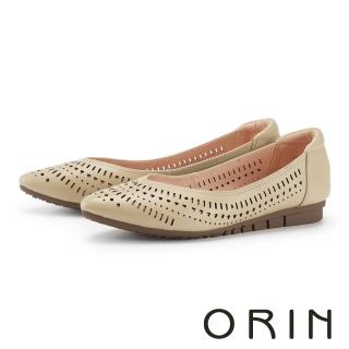 【ORIN】羊皮簍空透氣洞洞尖頭平底鞋(黃色)