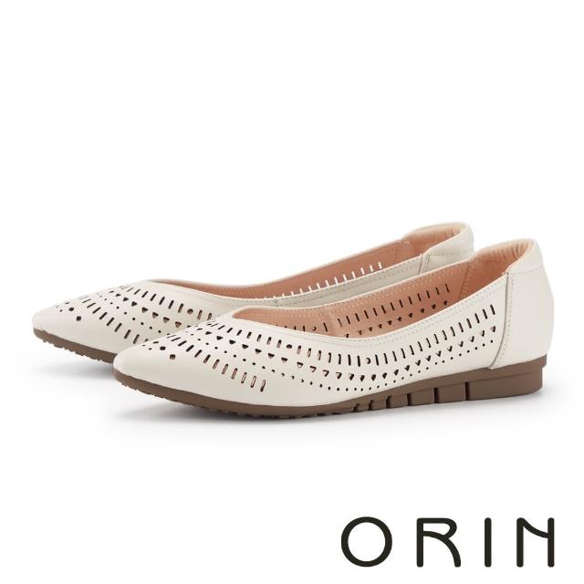 【ORIN】羊皮簍空透氣洞洞尖頭平底鞋(米白)