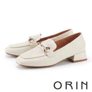 【ORIN】馬銜釦沖孔方頭牛皮樂福低跟鞋(米白)