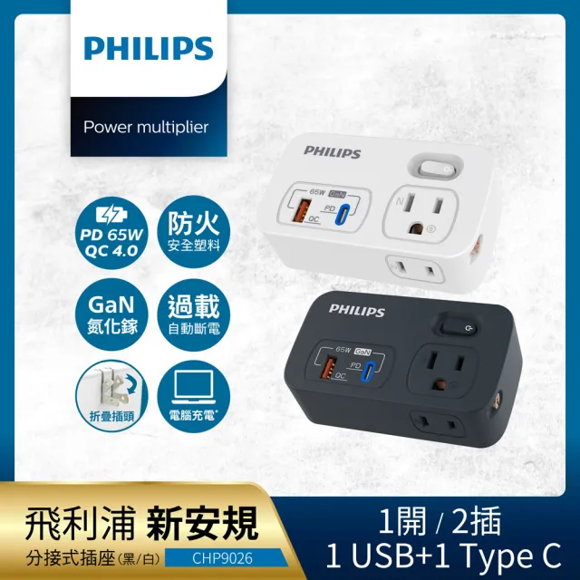 【Philips 飛利浦】1開2 USB-A+TYPE C PD 65W QC4.0 多功能壁插/轉接器/充電頭 (支援iPhone/三星/筆電)