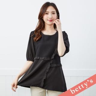【betty’s 貝蒂思】荷葉邊交叉拼接五分袖上衣(黑色)