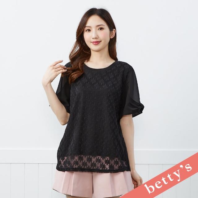 【betty’s 貝蒂思】花花蕾絲拼接雪紡短袖上衣(黑色)