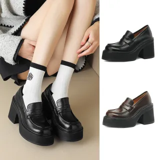 【JP Queen New York】學院英倫圓頭真皮鬆糕樂福厚底粗跟鞋(2色可選)