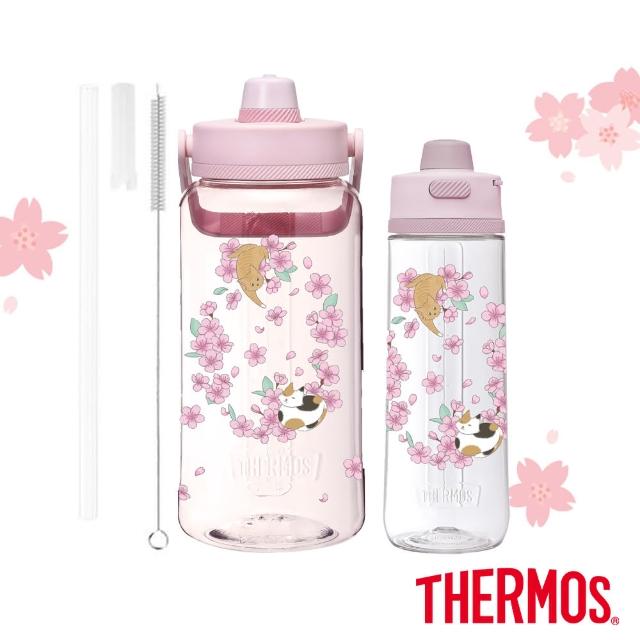 【THERMOS膳魔師】超值2入_櫻花貓咪附吸管組輕水瓶2000ml+輕水瓶710ml(TP436TSK+TP4329SK)