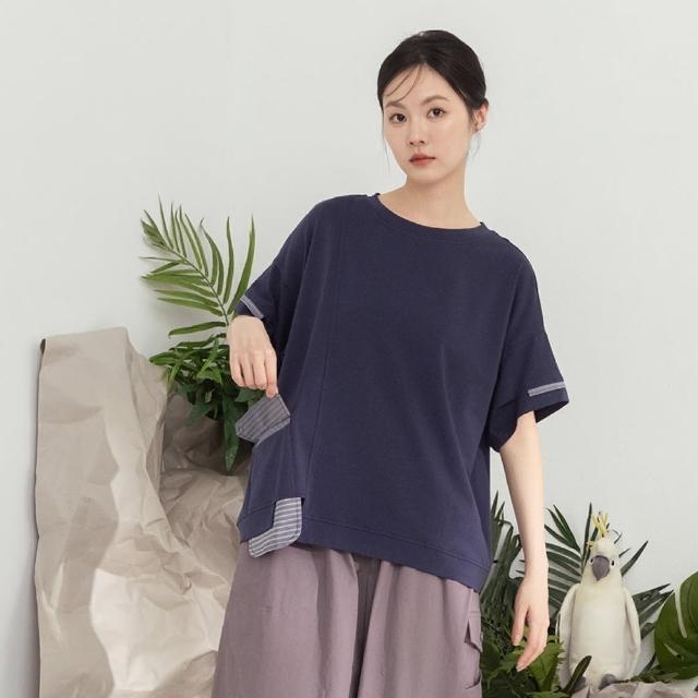 【MOSS CLUB】條紋口袋不規則衣襬短袖上衣(藍 咖)