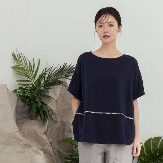【MOSS CLUB】拼接格子布剪接短袖上衣(藍 桔)