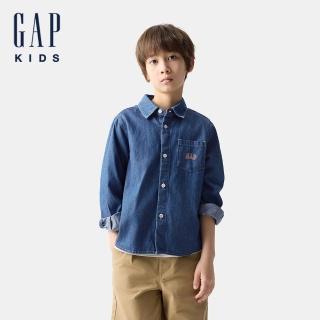【GAP】兒童裝 Logo純棉印花翻領長袖牛仔襯衫-深色水洗(675891)