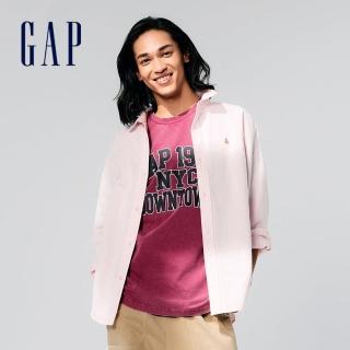 【GAP】男裝 純棉小熊刺繡翻領長袖襯衫-淡粉色(723235)