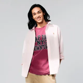 【GAP】男裝 純棉小熊刺繡翻領長袖襯衫-淡粉色(723235)