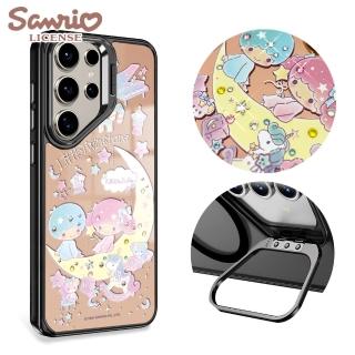 【apbs】三麗鷗 Samsung S25/S24/S23系列 軍規防摔合金框隱形立架鏡面彩鑽手機殼(星月雙子星-黑框)