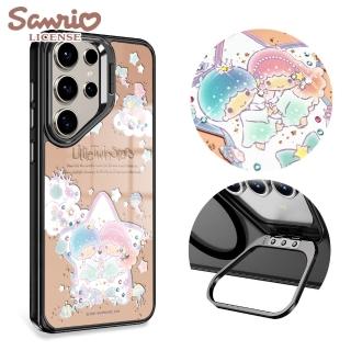 【apbs】三麗鷗 Samsung S25/S24/S23系列 軍規防摔合金框隱形立架鏡面彩鑽手機殼(海洋雙子星-黑框)