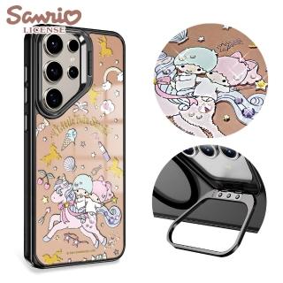 【apbs】三麗鷗 Samsung S25/S24/S23系列 軍規防摔合金框隱形立架鏡面彩鑽手機殼(夢遊雙子星-黑框)