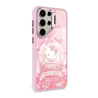 【apbs】三麗鷗 Samsung S25/S24/S23系列 軍規防摔合金框隱形立架鏡面磁吸手機殼(馬車凱蒂-粉框)