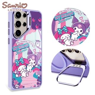 【apbs】三麗鷗 Samsung S25/S24/S23系列 軍規防摔合金框隱形立架手機殼(森林美樂蒂-紫框)