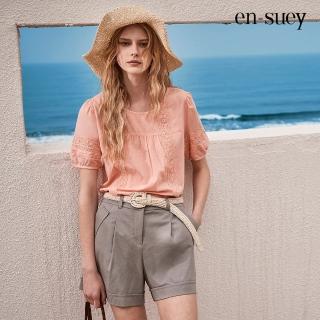 【en-suey 銀穗】薄棉蕾絲微拋短袖上衣-女