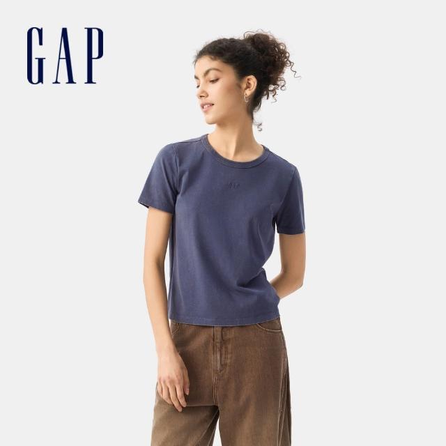 【GAP】女裝 Logo純棉刺繡圓領短袖T恤-深藍色(766160)