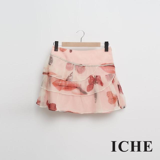 【ICHE 衣哲】粉嫩印花蛋糕波浪紡紗造型短裙
