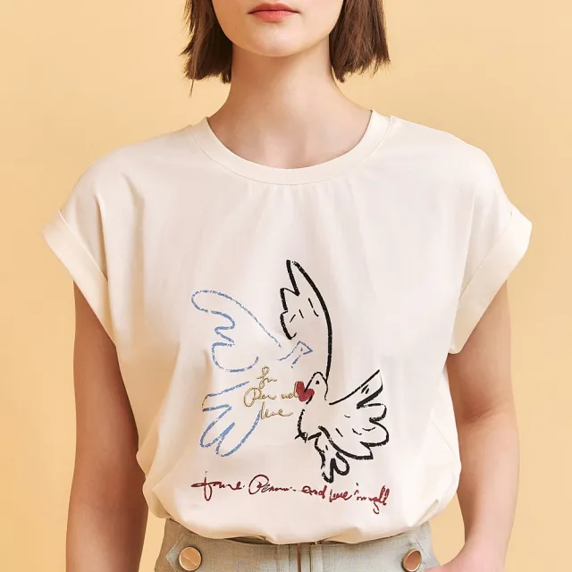 【OUWEY 歐薇】愛心和平鴿刺繡印花連肩反摺袖T(杏；S-L；3252121207)