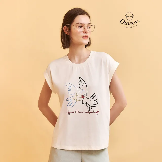 【OUWEY 歐薇】愛心和平鴿刺繡印花連肩反摺袖T(杏;S-L;3252121207)