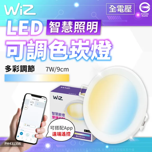 【Philips 飛利浦】8入組 Wi-Fi WIZ 7W 全電壓 APP 手機控制 智慧照明 可調色調光 9公分 崁燈(PW021)