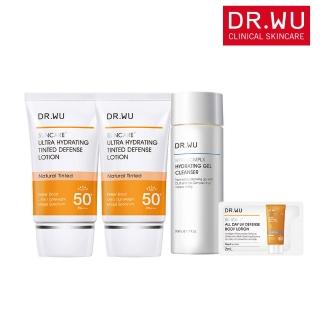 【DR.WU 達爾膚】爆水防曬保濕潔淨組★全能保濕潤色防曬乳35ML x2+玻尿酸潔顏凝露50ML+防曬乳2ML