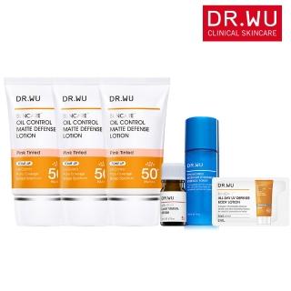 【DR.WU 達爾膚】控油防曬保濕煥膚組★柔焦控油輕透防曬乳35ML x3+杏仁酸8%精華5ML+玻尿酸化妝水20ML