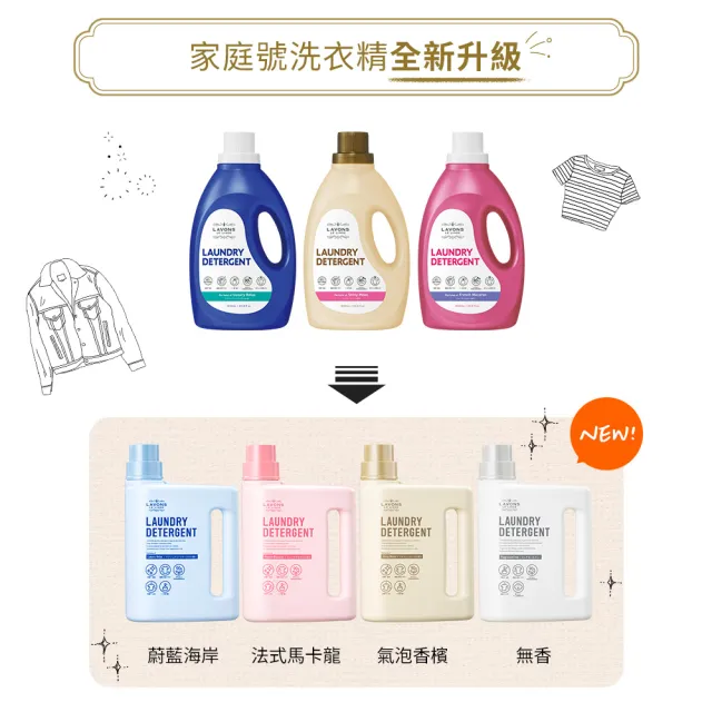 【LAVONS】除菌去漬洗衣精1正2補-蔚藍海岸 法式馬卡龍 氣泡香檳 無香(1800ml 1500mlx2)