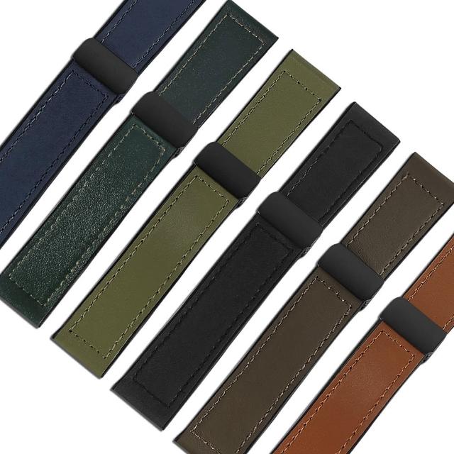 【Watchband】22mm / 各品牌通用 黑鋼磁吸扣 外層皮革 內層橡膠錶帶(藍/綠/軍綠/黑/褐/棕色)