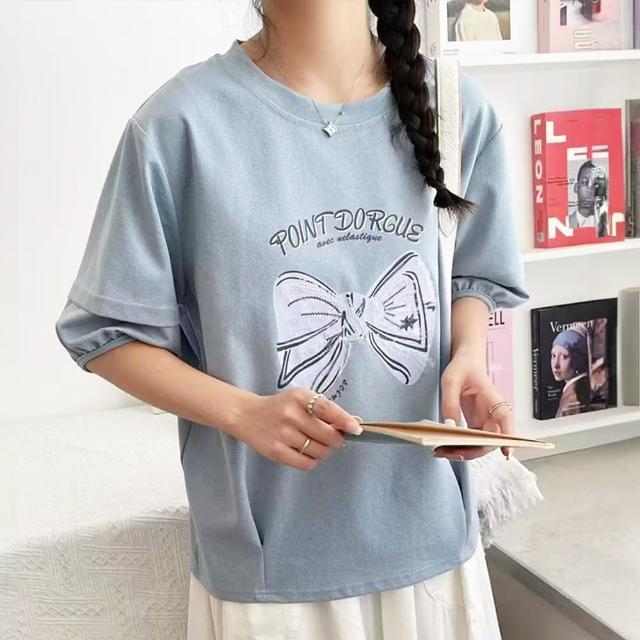 【LANNI 藍尼】★蝴蝶結印花上衣(女上衣/舒適/圓領/T恤)