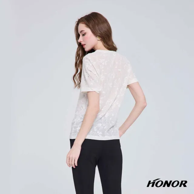 【HONOR 山形屋】出清品 透膚亮鑽花卉刺繡短袖上衣-米白/黑(限定出清)