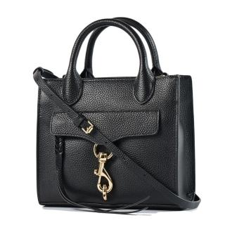 【Rebecca minkoff】Megan 真皮荔枝紋手提/斜背二用包-金釦黑/迷你款