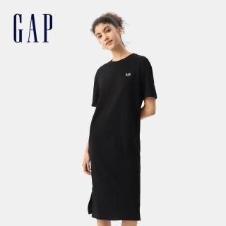 【GAP】女裝 Logo純棉刺繡圓領短袖洋裝-黑色(764730)