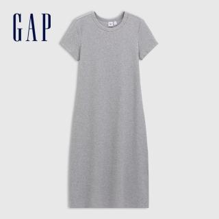 【GAP】女裝 Logo刺繡圓領短袖洋裝-淺灰色(764725)