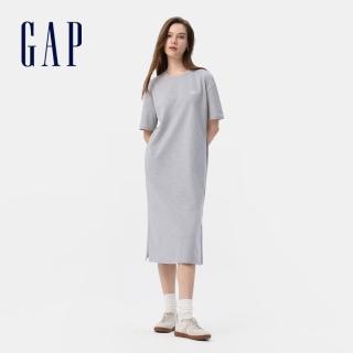 【GAP】女裝 Logo純棉刺繡圓領短袖洋裝-淺灰色(764730)