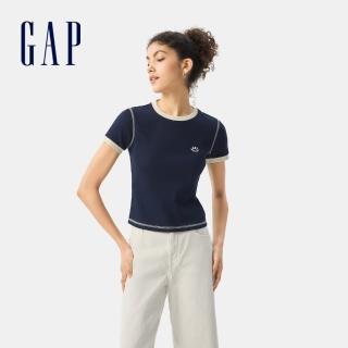 【GAP】女裝 Logo刺繡圓領短袖針織衫 女友T系列-海軍藍(766080)