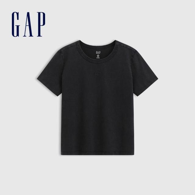 【GAP】女裝 Logo純棉刺繡圓領短袖T恤-黑色(766160)