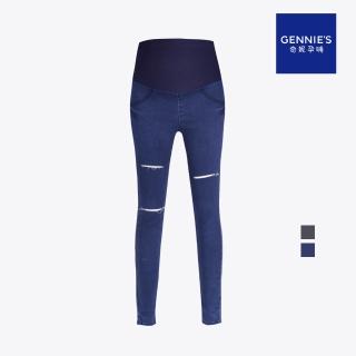 【Gennies 奇妮】時尚破損風窄管牛仔褲-藍/黑灰(孕婦褲 長褲 窄管褲 後雙口袋 一體成型 可調腰圍)