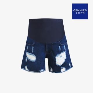 【Gennies 奇妮】極舒彈力拼接破損風牛仔短褲-藍(婦褲 牛仔褲 前後口袋 一體成型 可調腰圍)