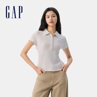 【GAP】女裝 Logo刺繡翻領短袖針織衫 女友T系列-灰白色(766123)