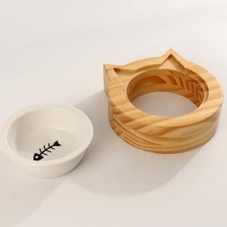 貓耳造型陶瓷碗 實木碗架組(寬口寵物碗 造型食碗 單口飼料碗 狗狗水碗 貓咪餐桌)