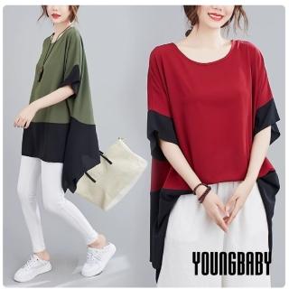 【YOUNGBABY】拼接不規則下擺上下撞色雪紡上衣 中大尺碼女裝