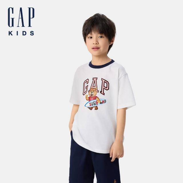 【GAP】兒童裝 Logo純棉小熊印花圓領短袖T恤-白色(767143)