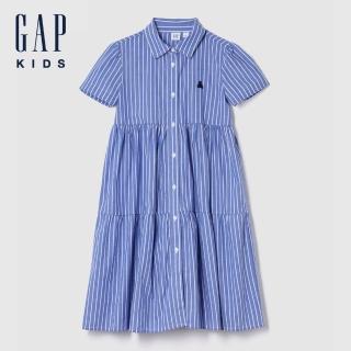 【GAP】女童裝 純棉小熊刺繡翻領短袖牛仔洋裝-藍色條紋(781771)