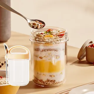 【吃喝樂】手提大口早餐燕麥玻璃杯(帶勺 隔夜 保鮮密封 梅森杯 優格 麥片 外出 露營 水果 上班 DIY 防潮)