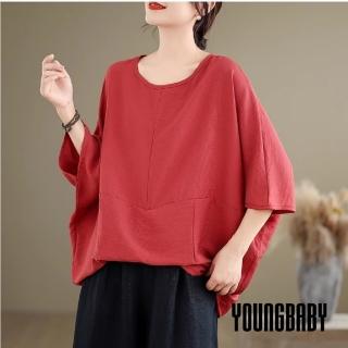 【YOUNGBABY】車線拼接蝙蝠袖寬鬆棉麻上衣 中大尺碼女裝